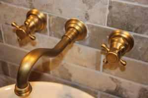 een close-up van een toilet met gouden armaturen bij B & B Chawe in Enschede