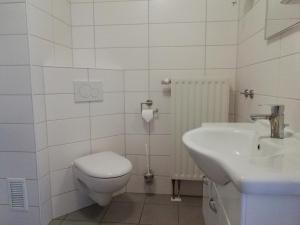 a white bathroom with a toilet and a sink at Ferienwohnung am Torbogen Nr.2 in Lübbenau