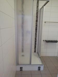y baño con ducha y puerta de cristal. en Ferienwohnung am Torbogen Nr.2, en Lübbenau