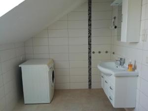 a bathroom with a sink and a washing machine at Ferienwohnung am Torbogen Nr.3 in Lübbenau
