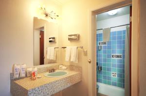a bathroom with a sink and a mirror and a shower at Roadrunner Lodge Motel in Tucumcari