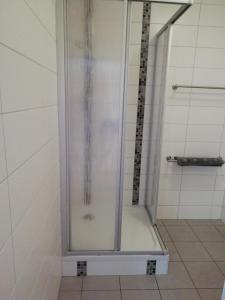 um chuveiro com uma porta de vidro na casa de banho em Ferienwohnung am Torbogen em Lübbenau