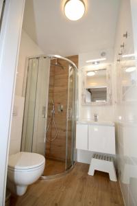 a bathroom with a shower and a toilet and a sink at Baltic Sky in Pobierowo