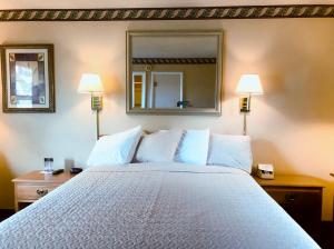 a bedroom with a large bed with two lamps and a mirror at A Western Rose in Cody