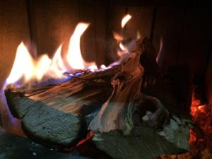 un forno a legna pieno di fuoco di Cabañas Los Cuatro Robles a Las Trancas