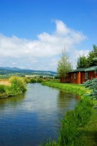 a river in front of a red building next to a house at Cabin Creek Inn in Thayne +20 photos