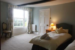 a bedroom with a bed with a lamp and a window at Trelough House B&B in Wormbridge