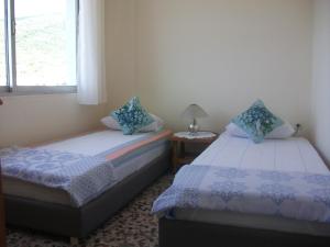 a bedroom with two beds and a window at Konstantina’s House in Paleo Tsifliki