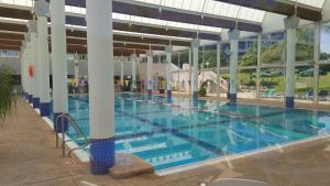 a large swimming pool with blue water in a building at Neot Golf Caesarea Garden Apartment in Caesarea