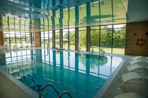 a large swimming pool in a building with windows at Hotel Atut w Licheniu in Licheń Stary