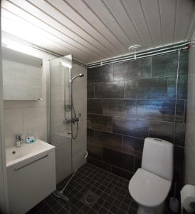 a bathroom with a shower and a toilet and a sink at Paimentupa in Kolinkylä