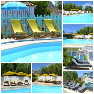 een collage van foto's van een zwembad met stoelen en parasols bij Atlantic Hôtel in Saint-Pierre-dʼOléron