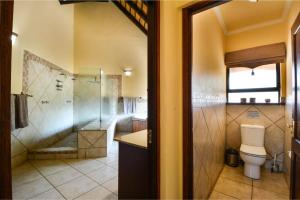 a bathroom with a toilet and a shower at Zebula Golf Estate & Spa Executive Holiday Homes in Mabula