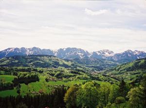 vistas a un valle verde con montañas en el fondo en Ferienwohnung Christine Spiessberger, en Gmundnerberg