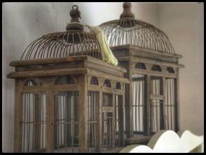 two bird cages sitting on top of a table at Hostal Boutique Plaza Cantarero in Nerja