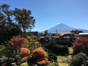 富士河口湖道草屋旅舎的以群山为背景的花园景观