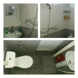 Duas fotografias de uma casa de banho com WC e lavatório. em Guest House Liana em Tbilisi