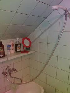 uma casa de banho com uma cabeça de chuveiro e um lavatório. em Guest House Liana em Tbilisi