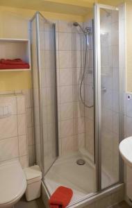 a shower with a glass door in a bathroom at Pension im Adventhaus in Lutherstadt Wittenberg