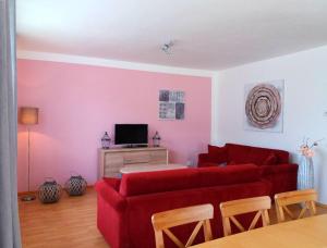 リプノ・ナト・ヴルタヴォウにあるApartment Riviera 503-8 Lipno Homeのリビングルーム(赤いソファ、テレビ付)