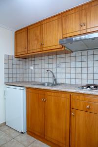 a kitchen with wooden cabinets and a sink and a refrigerator at Golden Bay in Agios Prokopios