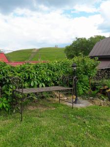 un banco sentado en el césped junto a un campo en apartman-bartko, en Banská Štiavnica