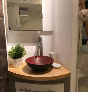 La salle de bains est pourvue d'un lavabo à bol rouge sur un comptoir. dans l'établissement La Tanière de l'Ours Blanc Aubagne-Cassis-Aix en Provence, à Aubagne