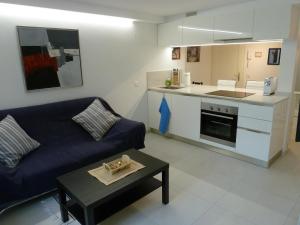 ein Wohnzimmer mit einem blauen Sofa und einer Küche in der Unterkunft New "Casa Maria" in Ascona