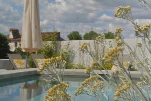 a pool with an umbrella and chairs and a umbrella at Casas Do Contrabando in Marvão