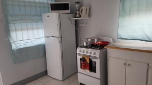 a small kitchen with a refrigerator and a stove at Sunburst in Arnos Vale