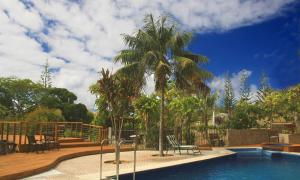 a palm tree sitting next to a swimming pool at A-Frame Chalets @ Mokutu in Burnt Pine