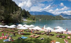 a group of people sitting on the grass near a lake at Apartments Nina in Bled