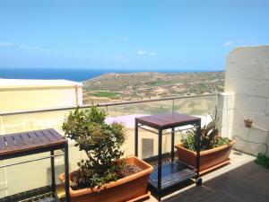 un balcon avec deux plantes en pot et une vue sur l'océan dans l'établissement R1100ERI Ramla Bay by euroresort, à Ix-Xagħra