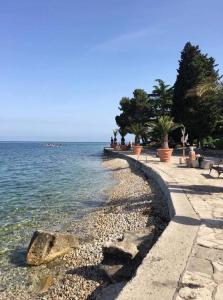 a rocky shoreline with people sitting on benches next to the water at Apartma_Samy in Izola