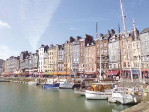 a group of boats docked in a harbor with buildings at Les Fontaines Saint Leonard in Honfleur