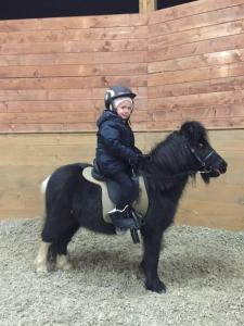 a young child is sitting on a black horse at Dwor Trzesniow in Trześniów