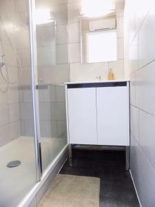 カネ・アン・ルシヨンにあるAppart Canetの白いバスルーム(シャワー、シンク付)
