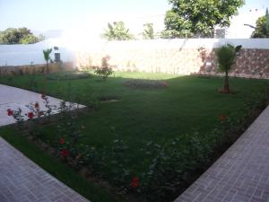 a garden with red flowers and a wall at Amsabeach in Chozas