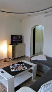 a living room with a table and a tv at Apartment B&S in Belgrade