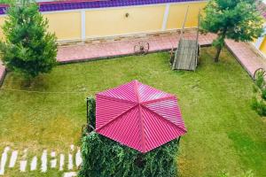 an overhead view of a pink umbrella in a yard at Samarkand Dream Hotel in Samarkand