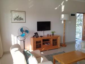 a living room with a fan and a tv at Broadway Bay Accommodation in Durban