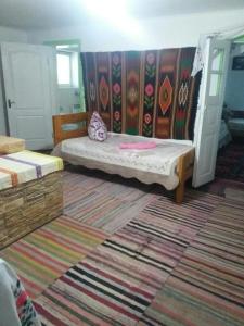a bedroom with two beds and a rug at Dykyi Khutir in Melʼniki