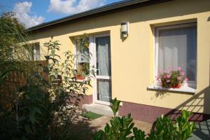 ein gelbes Haus mit zwei Fenstern mit Blumen darauf in der Unterkunft Ferienquartier Müller Z4 in Zinnowitz