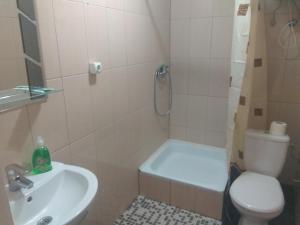 a bathroom with a toilet and a sink and a shower at Hotel Andreevsky in Vinnytsya