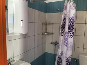 a bathroom with a shower curtain and a toilet at Eugenia travasarou sea view appartments in Diakofti +37 photos