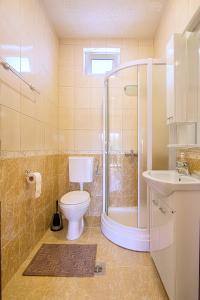 a bathroom with a toilet and a shower and a sink at Holiday home Kristina in Krimovice