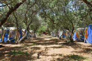 a row of tents in a forest of trees at Camping Chania in Kato Daratso