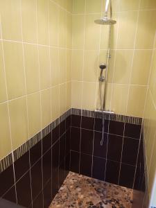 a bathroom with a shower with a black tiled tub at Maison 6 chambres au cœur du circuit des 24h du Mans in Mulsanne +22 photos