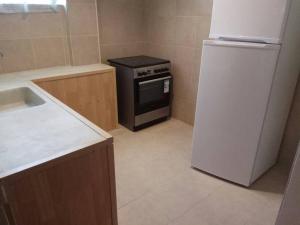 a small kitchen with a stove and a refrigerator at Glaros in Skaramangás