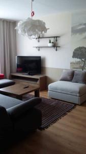 a living room with a couch and a tv at Kaktuss Apartamenti in Valmiera